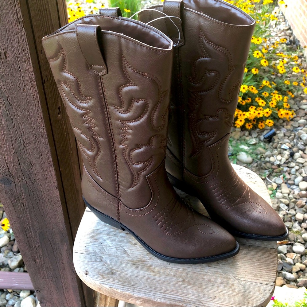Women Cowgirl Western Boots Almond Toe Pull On Mid Calf Size 5.5  Brown